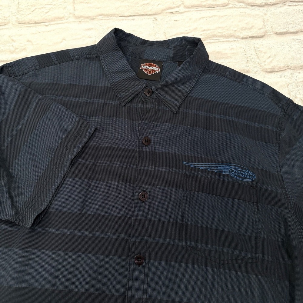 Harley Davidson Rayon Button Up Shirt Mens Large Navy Embroidered Logo Y2K Biker
